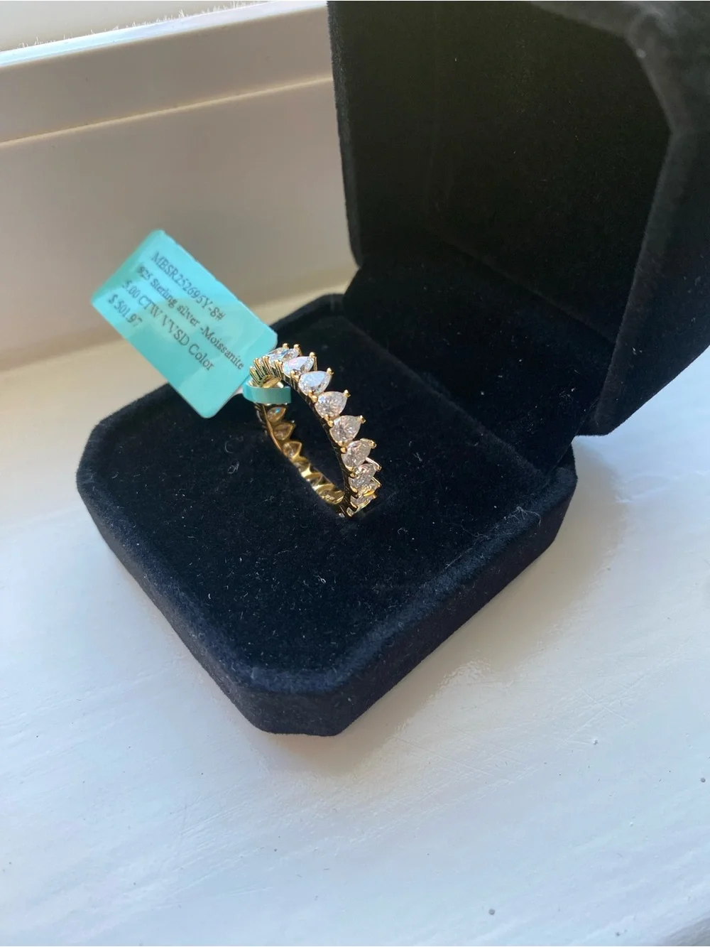 Gold Over Silver Teardrop Moissanite Eternity Band Size 8